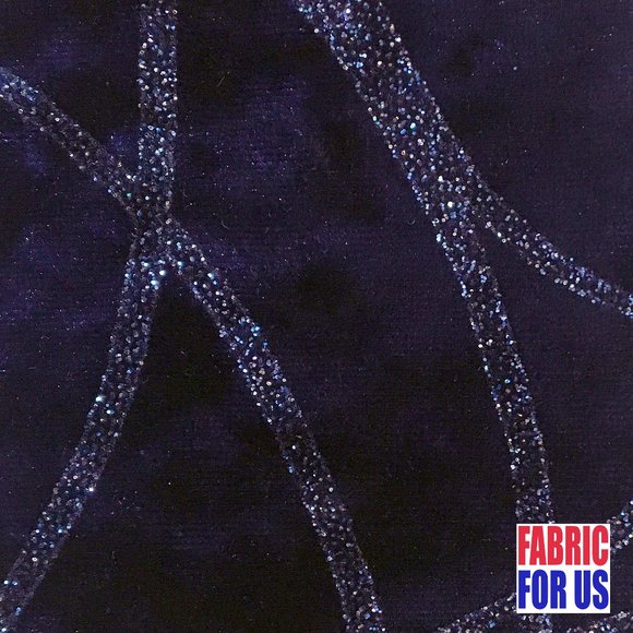Glitter Strings on Velvet Stretch Fabric Navy 54"/56" Wide L 667 F - Picture 1 of 4